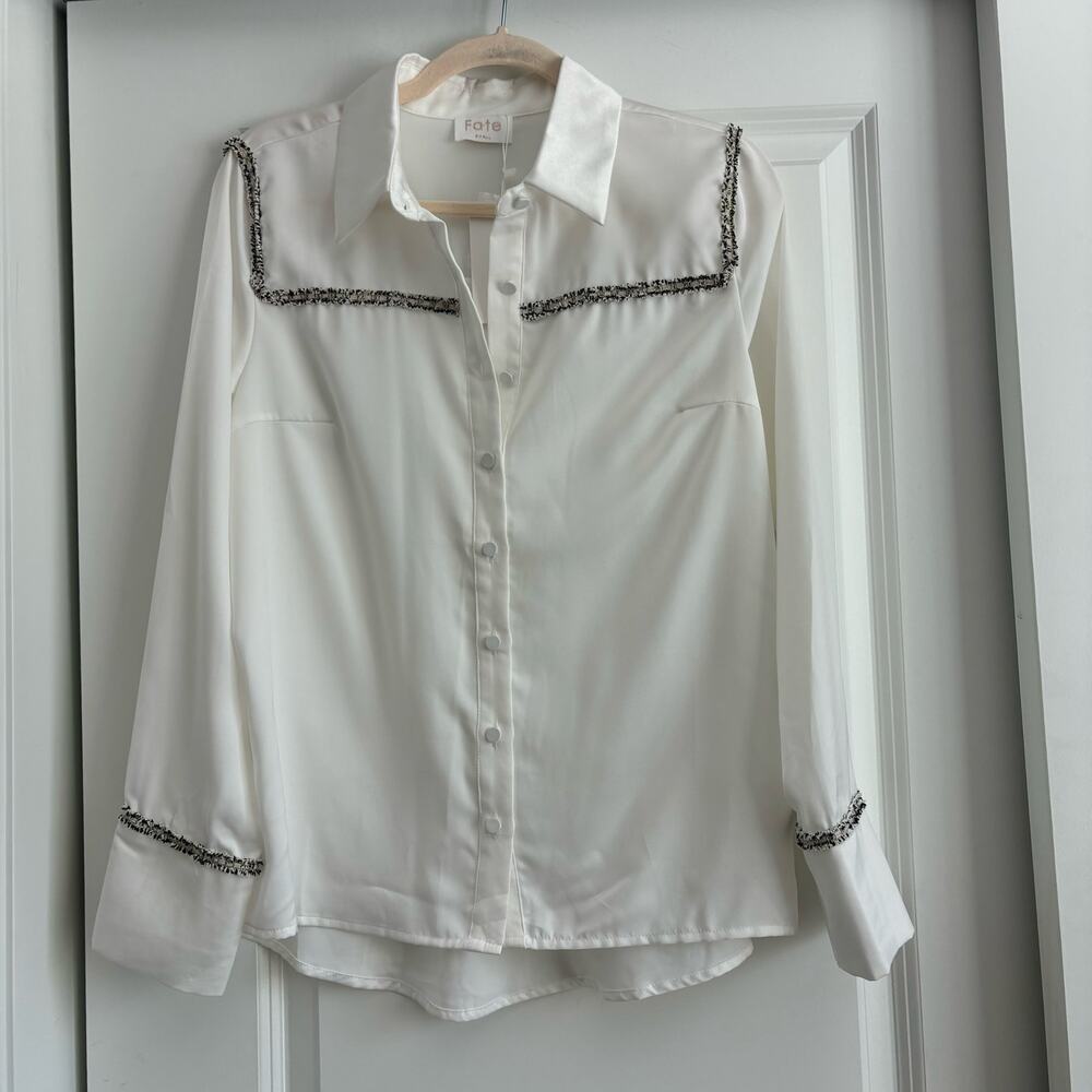 NWT Fate White Tweed Button Down Shirt Blouse Sz S Office Career